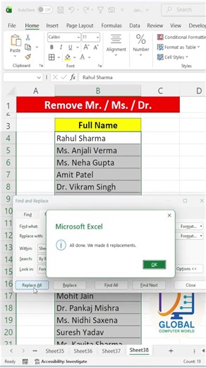 Name ke Aage se Mr & Mrs Remove Kaise Kare 😲 | Excel Smart Trick #excel ‪@GlobalComputerWorld‬