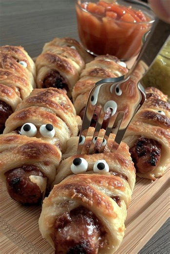 41K views · 24 reactions |  Mummy Hot Dogs ️ A spooky Halloween twist on pigs in a blanket – hot dogs wrapped in crescent dough “bandages,” baked until golden, with mustard eyes peeking through!  Ingredients: * 1 can refrigerated crescent roll dough * 8 hot dogs * 2 slices cheddar cheese (optional, cut into strips) ...... Full Recipe in Coʍmеոτ  | Meal Prep Recipes | Facebook