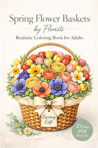 Realistic Coloring Book for Adults – 25 Pages Printable | Spring Flower Baskets by Florists - Etsy