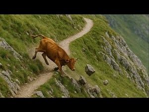 A cow falls off a cliff