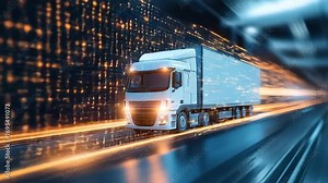 White cargo truck driving fast futuristic digital highway with glowing lights, motion blur, speed, technology, logistics, and transportation Stock Video