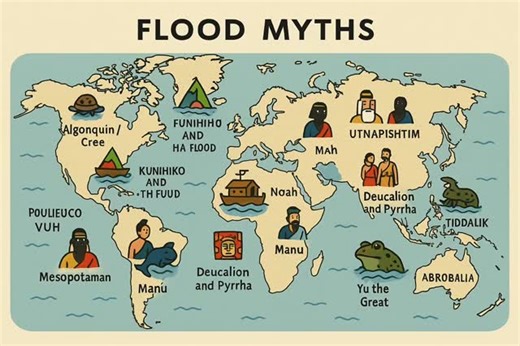 🌊 Flood Myths Across Cultures Flood myths are among the most widespread stories on Earth. More than 200 cultures have them. They usually share three elements: A great flood destroys most of humanity A hero survives (often warned by a deity) A new human era begins Below are some of the best-known examples across continents. 🏛️ Mesopotamian — Utnapishtim (Epic of Gilgamesh) One of the oldest flood myths in the world. The gods decide to wipe out humanity due to their noise and disobedience. The g