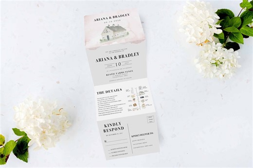 Tri-fold Wedding Invitation: Watercolor Barn, All-in-one Invite - Etsy