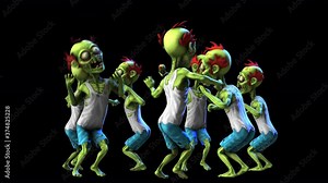 Seamless animation of a group of zombies dancing crazy isolated with alpha channel. Funny cartoon character for Halloween background. Stock Video