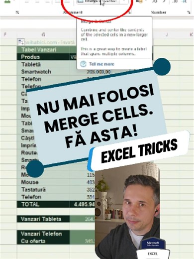 🔧 Folosești Merge & Center în Excel? Mai bine nu. E tentant, dar îți strică tot: nu poți sorta nu poți copia rapid blochează selecția și navigarea în tabele mari ✅ Alternativa reală: Center Across Selection Arată la fel, dar funcționează corect. Cum o activezi: selectezi celulele click pe meniul de sub zona de editare text tab Alignment - Center Across Selection E o schimbare mică, dar te scapă de multe frustrări. 💬 Comentează „Excel” dacă vrei să primești detalii despre trainingul meu practic