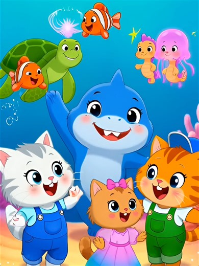 Cute Kitty and Baby Shark Episode 17: Underwater Rescue Adventure 🦈🐱✨ Baby Shark swims happily in colorful ocean with playful clownfish 🐠, friendly turtle 🐢, cute seahorses 🐚 and glowing jellyfish 🌟! Finds large sack, unties it — three adorable kittens swim out with bubbles 🫧! Joyful hugs, celebration dance, sweet goodbye waves as kittens swim up, Baby Shark joyful twirl! 🥰 Pure joy for kids! 👶 #babyshark #CuteKittens #cartoonsforkids #cancionesinfantiles #forkids 🎨 Soft happy cartoon 
