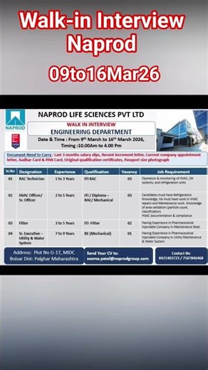 Walk-in Interview I Naprod Pharma | 09to160326 #job #pharma