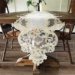 Elegant Vintage Lace Table Runner 36 inches(90cm) Long with Exquisite Macrame and Embroidered Floral Pattern Perfect as a Dresser Scarf (16X36'')