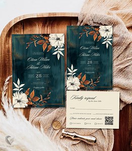 Teal and Copper Wedding Invitation, Burnt Orange Floral Invite, Dark Green Wedding Invites, Moody Autumn Boho Invitation Template, HKL-F26 - Etsy