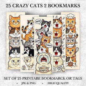 Crazy Cat Bookmark, Cats Bookmarks V2, Bookmark Cat, Printable Bookmark, Book Lovers Gift, Library Bookmarks, Png Bookmarks, Book Marks Sets - Etsy