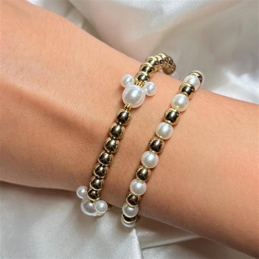 Beaded & Pearl Mickey Bracelet Set of 2 | Gold and Silver - Etsy