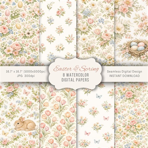 Easter & Spring Florals Seamless Patterns Digital Papers, Watercolor Wedding Backgrounds, Vintage Pastel Flowers Papercraft POD 5000x5000px - Etsy