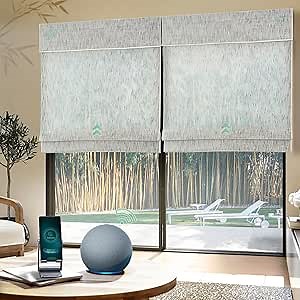 Yoolax Motorized Bamboo Roman Shades with Remote, Smart Roman Shades for Indoor Windows, Light Filtering Automatic Blinds Work with Alexa, Google, Apple Homekit, Customized (Bamboo Woven Flake White)