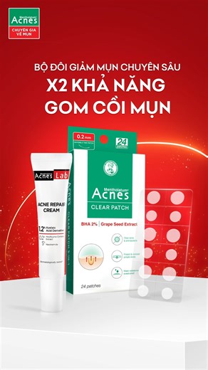 BỘ ĐÔI GIẢM MỤN CHUYÊN SÂU, X2 KHẢ NĂNG GOM CỒI MỤN Tình trạng mụn viêm kéo dài và không được xử lý đúng cách có thể dẫn đến tình trạng chai mụn & hình thành thâm mụn dai dẳng. Kết hợp ngay bộ đôi giảm mụn chuyên sâu Acnes LAB Acne Repair Cream & Acnes Clear Patch để tăng cường khả năng gom cồi mụn, giảm sưng viêm nhanh chóng: ✅ Acnes LAB Acne Repair Cream với dẫn xuất 1.2% Azelaic Acid, 5% Niacinamide & chiết xuất diếp cá thấm sâu vào tầng biểu bì, giúp giảm nhờn, kháng viêm và làm dịu da, giảm