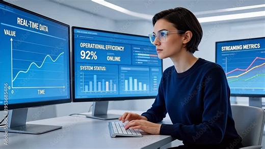 Focused female data analyst monitoring real-time analytics dashboards with operational efficiency metrics, system status, and streaming metrics on triple monitors in modern tech office.