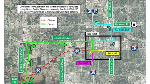 Iowa DOT closing I-80 again between Waukee and West Des Moines. Here's the detour.