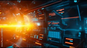 A sci-fi frame interface with brackets, equalizers, data, and futuristic elements.