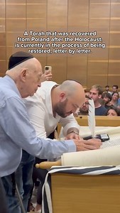 A Torah that was recovered from Poland after the Holocaust, is currently in the process of being restored, letter by letter. A Rabbi gave this Torah to his neighbor for safekeeping just before he was taken to the Treblinka concentration camp. Thirty years later, a group of students researching Jewish history in Poland came across the neighbor, who still had the Torah in his possession, albeit in very poor condition. Since its discovery, the Torah has been slowly restored with the participation o