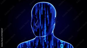 Geometrical man face and matrix style binary code - 3D 4k animation (3840 x 2160 px)