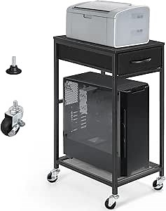 YBING PC Stand 2 Tier Computer Tower Stand with Drawer Mobile Computer Cart with Storage Metal CPU Holder on Wheels Pc Tower Stand Black Rolling Computer Tower Stand Floor for Office
