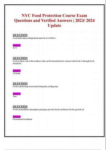 NYC FOOD PROTECTION COURSE EXAM QUESTIONS AND VERIFIED ANSWERS 2023 2024 UPDATE