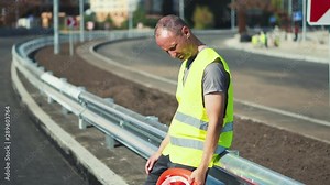 A tired worker at a construction site is upset after hard work and is under stress. Close-up. Worker during a break at the construction of a road on a sunny summer day