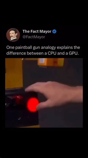 Fact Mayor on Instagram: "In 2008, at NVIDIA’s NVISION conference, MythBusters hosts Adam Savage and Jamie Hyneman delivered a memorable live demonstration to explain the difference between a CPU and a GPU. Instead of slides or technical jargon, they used a custom-built robot and thousands of paintballs to turn an abstract computing concept into something you could actually see happen in real time. The demonstration visually showed how each processor handles data in its own way, making a complex