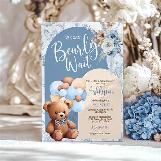 Editable Bear Baby Shower Invitation: Dusty Blue Boho Balloons (digital Download) BBT2 - Etsy