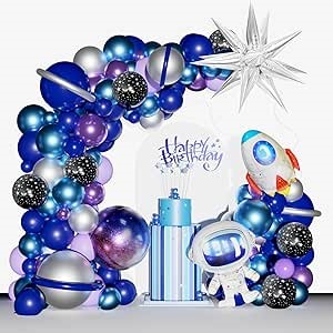 Space Balloon Arch 152Pcs Outer Space Birthday Decorations Blue Purple Silver Balloons and Galaxy Astronaut Foil Balloons for Outer Themed Party Decorations