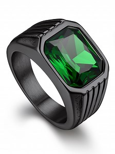 Bandmax Chunky Gemstone Rings for Men Women Stainless Steel Stripe Band Emerald Cubic Zirconia Ring for Wedding Engagement Anniversary