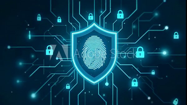 Glowing fingerprint inside a digital shield with padlocks and circuit lines. Symbol of network security, encryption, and privacy protection, animated