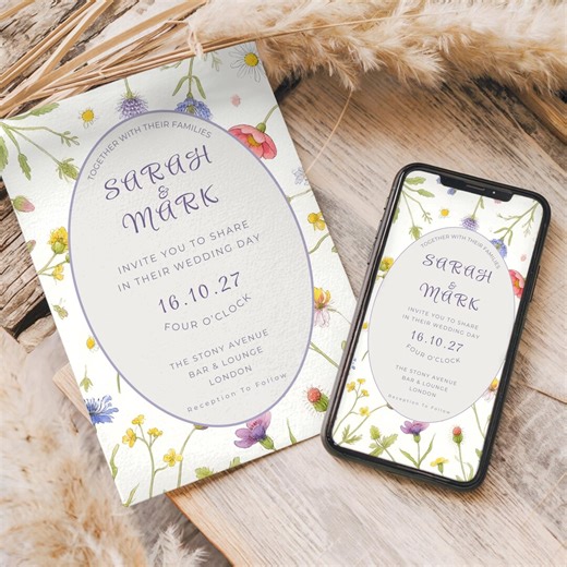 Wildflower Wedding Invitations, Charming Floral Invites, Personalised Designs, Digital Download, Nature Theme, Envelope Liner - Etsy