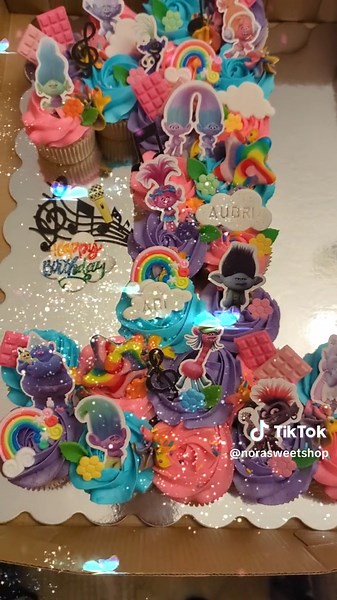 Trolls cupcake cake and cake💛🧡💜🩵🩷
