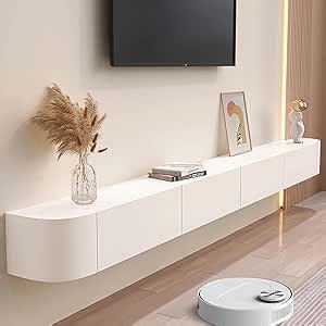 Floating TV Stand Wall Mounted TV Cabinet Floating Shelves with Door Entertainment Media Console Solid Wood Modern Living Room Round Corner TV Stand (White, 160CM)