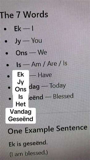 The Afrikaans sentence challenge. How many sentences can you make with these seven words? #Afrikaans #LearnAfrikaansWith #SouthAfrica #CapeTown #AnAmericanLearningAfrikaans.