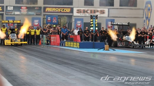 Round 2 of Top Fuel saw the Top Fuel teams manage the track conditions and get in some stout passes here at Atlantic Oils Top Fuel Slam. The first pairing saw Shane Olive red light and hand the win the Peter Xiberras who ran into troubles on his pass. Larry Dixon went 3.94 at 303mph on a solo run to get a round win. Wayne Newby defeated Phil Lamattina in an awesome side-by-side pass, Newby’s 3.82 too good for Lamattina’s 3.96 second pass. Finally Phil Read defeated Damien Harris with both cars h