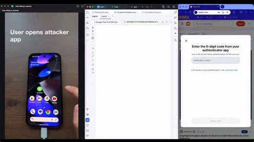 7.6K views · 492 reactions | New #Pixnapping Attack allows any Android app, without permissions, to leak info displayed by other apps exploiting Android APIs and a hardware side channel (CVE-2025-48561). Pixnapping is not fixed and probably affects all Androids. PoC: Not available yet.  Demo of obtaining 2FA code from Google Authenticator  | Mobile Hacker | Facebook