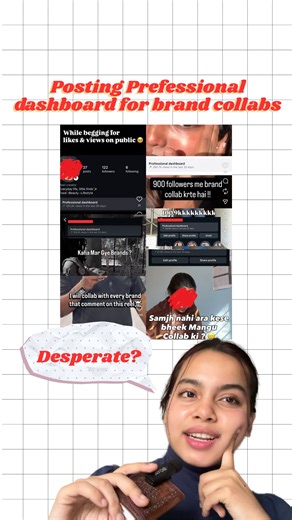 Neha on Instagram: "You’ve probably seen those reels where creators post their professional dashboard and ask brands to comment for collaborations. I’ll be honest, it’s desperate and it doesn’t work. This is coming from someone who’s been creating content for 3 years and has collaborated with 100+ brands. And yes, my boyfriend with half a million followers told me the same thing. At best, these reels attract barter deals. A ₹100-₹400 product in exchange for ideation, scripting, shooting, editing