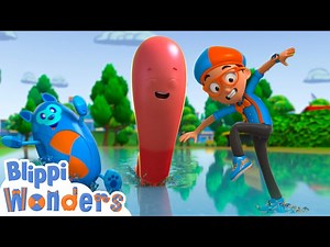 Blippi slides in puddles with Wave the Worm | Blippi Wonders Educational Videos for Kids - Videos For Kids