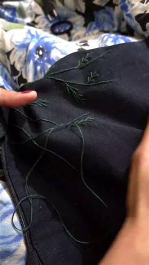 Elegant Green Botanical Hand Embroidery on Black Fabric | Tote Bag Embroidery