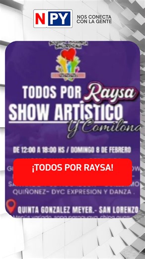 NPY on Instagram: "❤️ Campaña solidaria: todos por Raysa ♦️ Padres de Raysa, una niña de 7 años que lucha contra un tumor de Wilms, invitan a la ciudadanía a sumarse a una jornada solidaria con shows artísticos y comilona, este domingo 8 de febrero. 👉🏻 La familia necesita reunir fondos para viajar al exterior y continuar con el tratamiento médico de la pequeña. 📲 Para ayudar a la familia, podés contactarte al 0971 306207 #NPY #NosConecta"