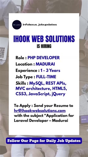 Deploynix on Instagram: "Ihook Web Solutions is looking for talented Laravel Developers with 1–3 years of experience to join their growing team! If you’re passionate about PHP, Laravel, clean coding, and building high-performance web apps—this opportunity is for YOU! ⭐ Role Highlights: ✔ Develop & maintain Laravel applications ✔ Write clean, secure, scalable code ✔ Work closely with front-end teams ✔ Debug, optimize & improve performance ✔ Collaborate and innovate with a friendly team 💡 Skills 