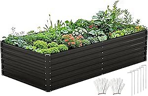 DWVO 8 x 4 x 2 FT Raised Garden Bed Kit, Outdoor Galvanized Flower Bed with Safety Rubber and Gloves, Large Metal Planter Box for Vegetables, Flowers, Herbs, Fruits, Black