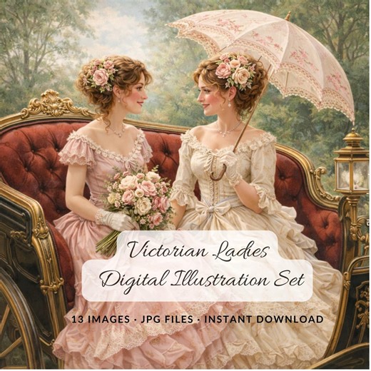 Victorian Ladies Digital Illustration Set, Vintage Women Art, Romantic Garden Scenes, Antique Style Images for Journals & Collages - Etsy