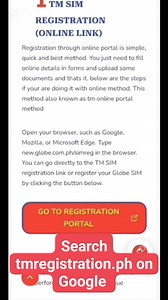 Register your sim through your number with official link by watching this quick video Just search on Google: tmregistration.ph and proceed further process as in video. https://tmregistration.ph/ #SimRegistration #Philippines #Philippines2025 #SimCardRegistration #TMSim #tmsimregistration #GLOBETELECOM #TMTambayan | TM SIM Registration