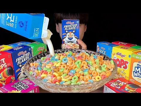 SUB) American Kellogg's cereal (froot loops, frosted flakes, pops, Apple jacks...)Mukbang Asmr💛🧡💚💙