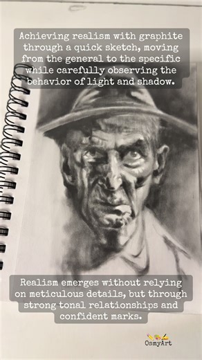 Achieving realism with graphite through a quick sketch, moving from the general to the specific while carefully observing the behavior of light and shadow. Realism emerges without relying on meticulous details, but through strong tonal relationships and confident marks✏️🎨✍️.#drawing #dibujo #grafito #graphitedrawing #smallbusiness