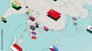 South east Asian countries on World Map 3d with flags. Indonesia, Singapore, Malaysia, Cambodia, Vietnam, Laos, Thailand, Myanmar, Philippines, India, China, Japan 4K