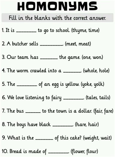Homonyms worksheet for kids. Let's learn in fun way.