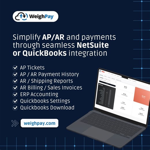 WeighPay on Instagram: "Streamline your accounting processes with #WeighPay’s advanced AP/AR #ticket management, #automated invoice and bill creation, and seamless integration with #NetSuite and #QuickBooks. Simplify #payment tracking and boost operational efficiency. Start optimizing your workflow today! . . . . #YardManagement #YMS #Recycling"